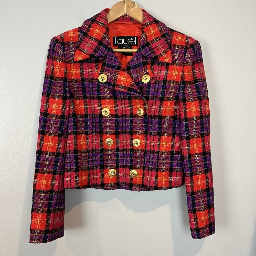 Laurèl Plaid Blazer Double Breasted Crop Eu Size 38 US Size Medium Vintage